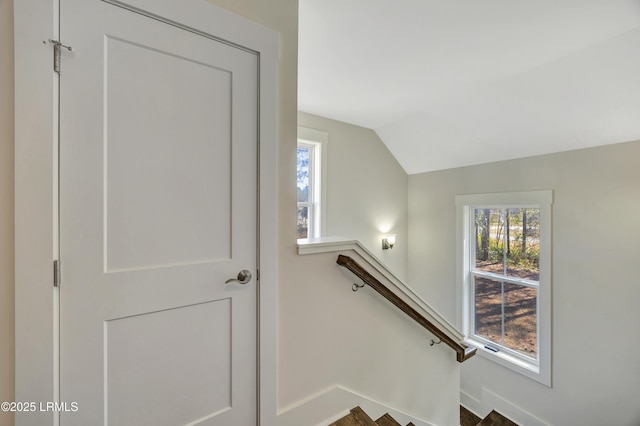 stairs with lofted ceiling