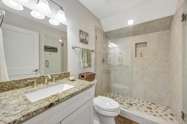 bathroom featuring toilet, vanity, and a shower with shower door