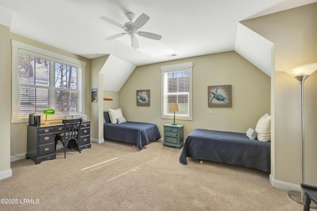 carpeted bedroom with lofted ceiling and ceiling fan