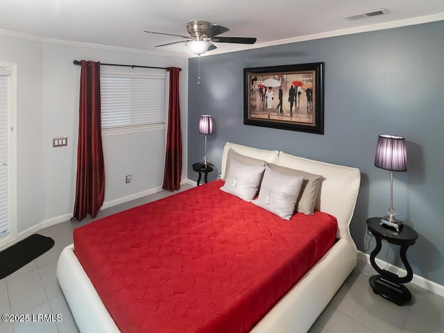 bedroom featuring crown molding, ceiling fan, and light tile patterned floors