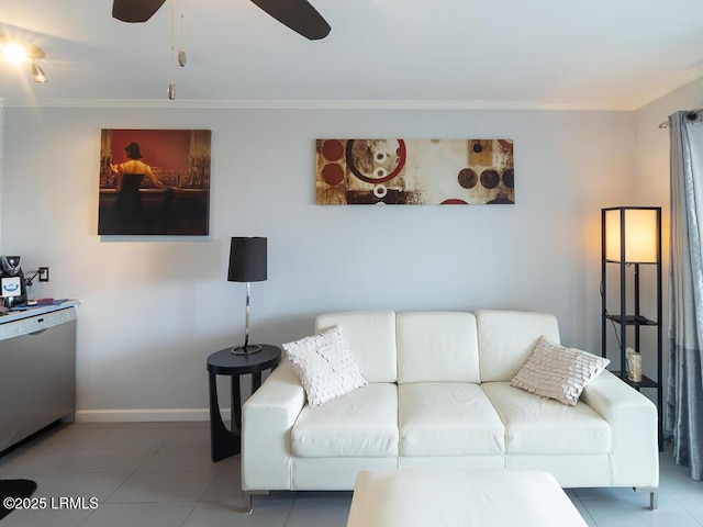 living room featuring crown molding, tile patterned floors, and ceiling fan