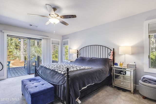 carpeted bedroom with access to exterior and ceiling fan