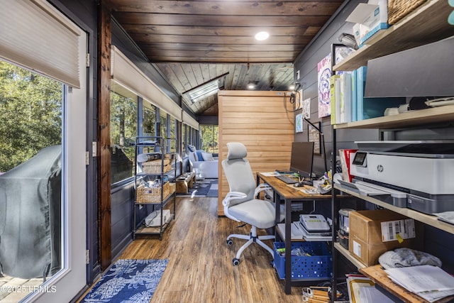 office space with wood-type flooring, lofted ceiling, and wood ceiling