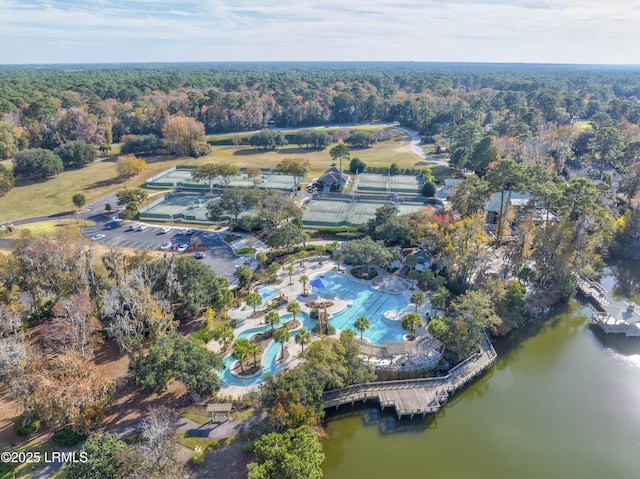 bird's eye view with a water view