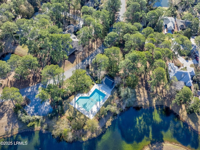 drone / aerial view with a water view