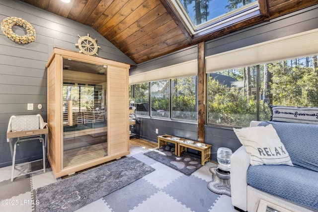 sunroom / solarium with lofted ceiling and wooden ceiling