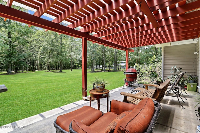 view of patio / terrace with outdoor lounge area and a pergola