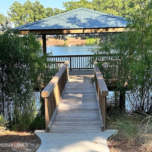 dock area featuring a water view and a gazebo