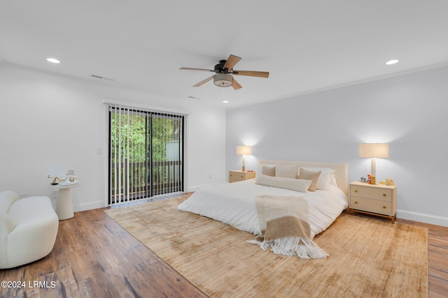 bedroom featuring hardwood / wood-style floors, crown molding, access to outside, and ceiling fan