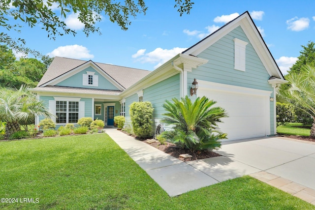 view of front of home with a front yard, a garage, and driveway