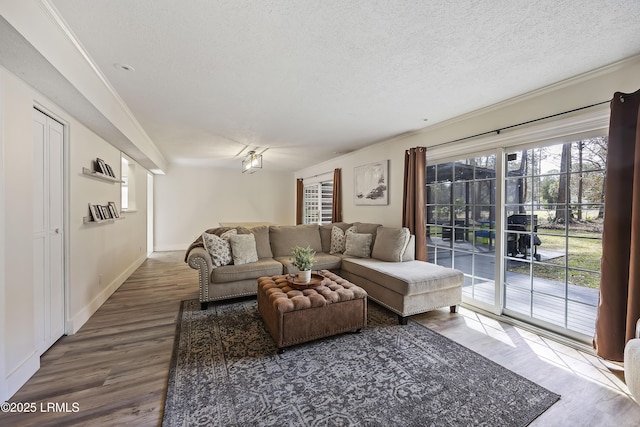 living area featuring a textured ceiling, ornamental molding, a wealth of natural light, and wood finished floors