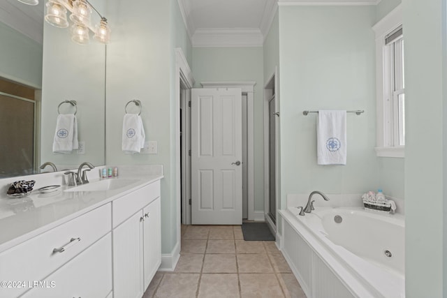 bathroom with vanity, crown molding, a wealth of natural light, and tile patterned floors