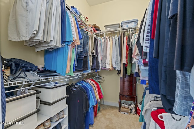 walk in closet with light carpet