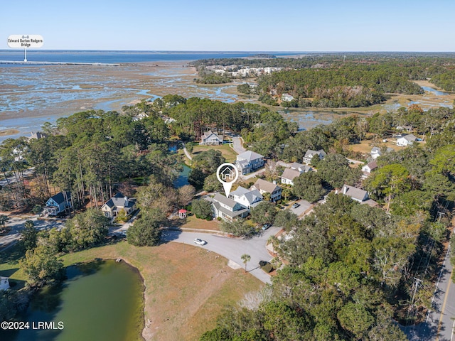 drone / aerial view featuring a water view