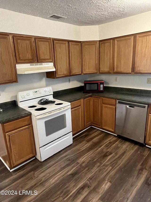 kitchen featuring stainless steel dishwasher, white electric range oven, dark hardwood / wood-style flooring, and a textured ceiling