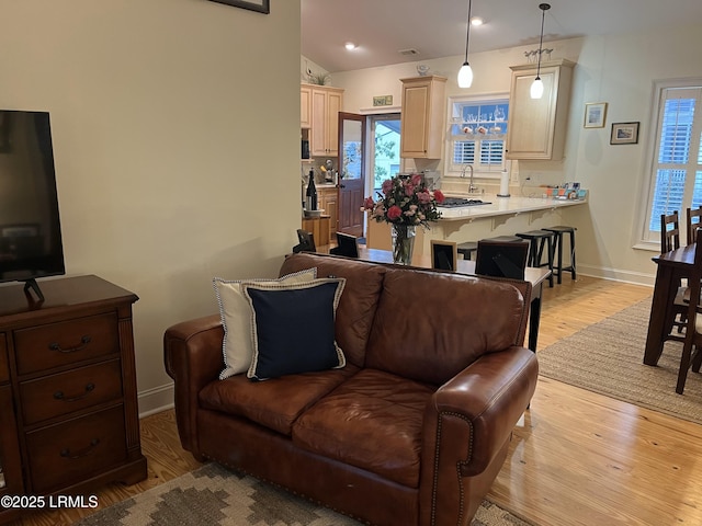 living area with lofted ceiling, light wood-style floors, plenty of natural light, and baseboards