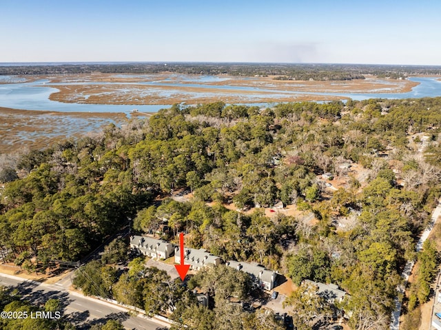 drone / aerial view with a water view