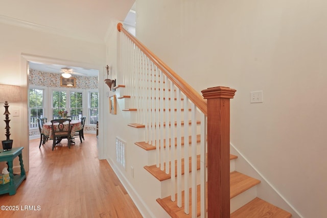 19 Brisbane Dr, Beaufort, SC 29902 - stairs with ornamental molding, a ceiling fan, visible vents, wood finished floors, and baseboards