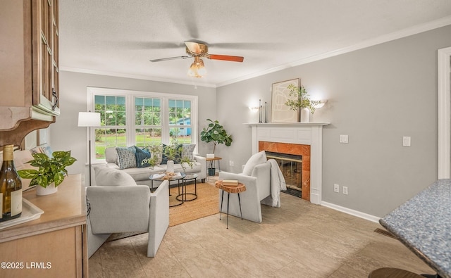 21 Planters Cir, Beaufort, SC 29907 - living room featuring a ceiling fan, a tile fireplace, and ornamental molding