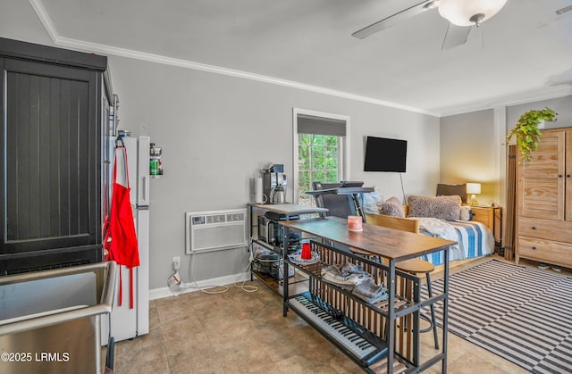 21 Planters Cir, Beaufort, SC 29907 - bedroom with ornamental molding, a wall mounted AC, and freestanding refrigerator