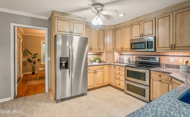 21 Planters Cir, Beaufort, SC 29907 - kitchen with appliances with stainless steel finishes, decorative backsplash, ceiling fan, crown molding, and light brown cabinetry