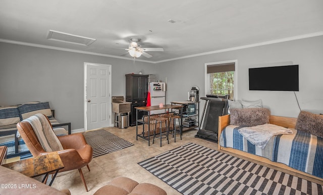 21 Planters Cir, Beaufort, SC 29907 - living room with attic access, ornamental molding, and a ceiling fan