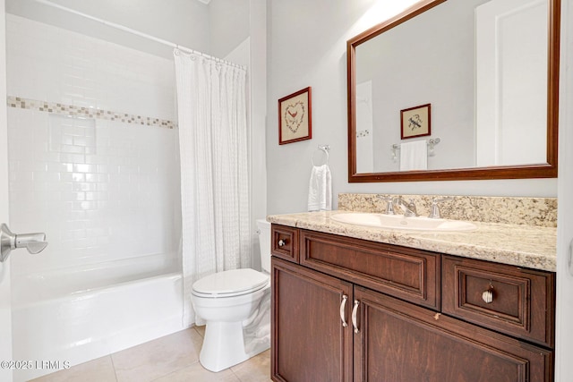 full bathroom featuring vanity, shower / tub combo, tile patterned floors, and toilet