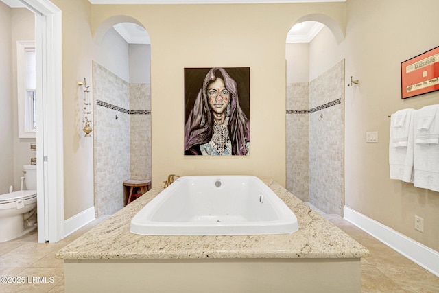 full bathroom with tile patterned flooring, crown molding, toilet, and separate shower and tub