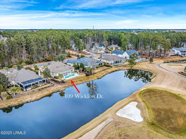 drone / aerial view featuring a water view