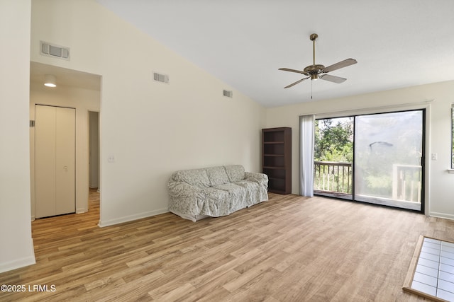 5 Gumtree Rd Unit I-32, Hilton Head Island, SC 29926 - sitting room featuring high vaulted ceiling, a ceiling fan, and light wood-style flooring