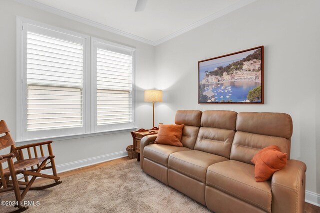 living room featuring ornamental molding and light hardwood / wood-style floors