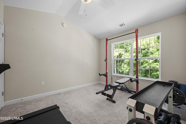 151 Bella Way, Beaufort, SC 29906 - exercise area with lofted ceiling, ceiling fan, and carpet floors