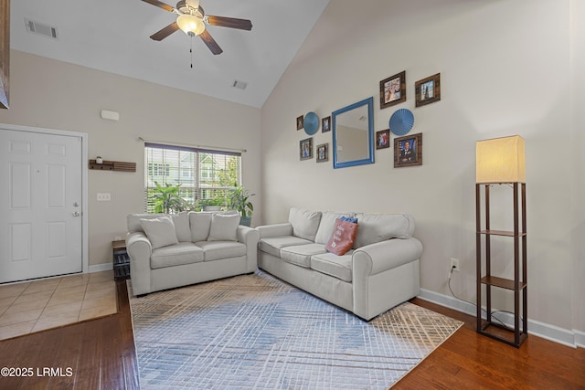 151 Bella Way, Beaufort, SC 29906 - living room featuring ceiling fan, high vaulted ceiling, and wood finished floors