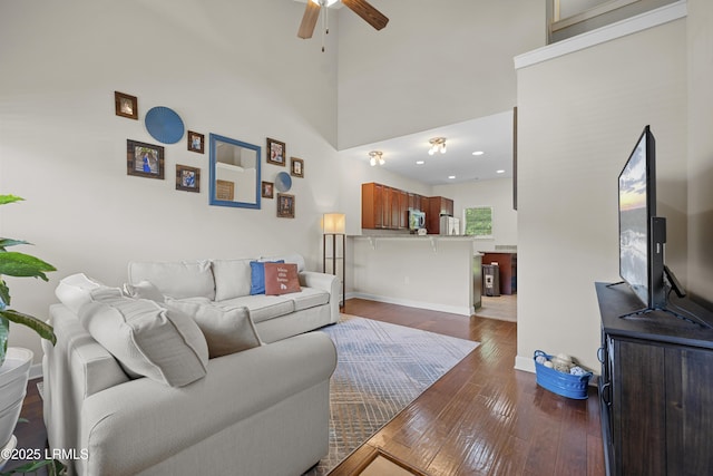 151 Bella Way, Beaufort, SC 29906 - living room with dark wood finished floors, ceiling fan, a high ceiling, and recessed lighting