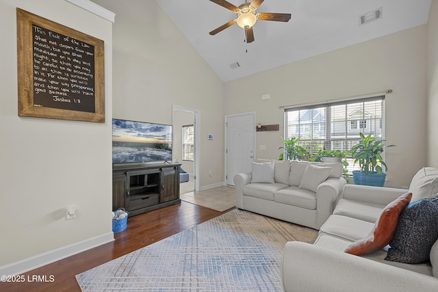 151 Bella Way, Beaufort, SC 29906 - living room with ceiling fan, high vaulted ceiling, wood finished floors, and plenty of natural light