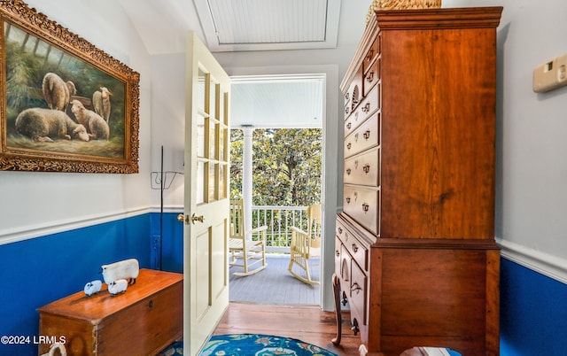 doorway to outside with light hardwood / wood-style flooring