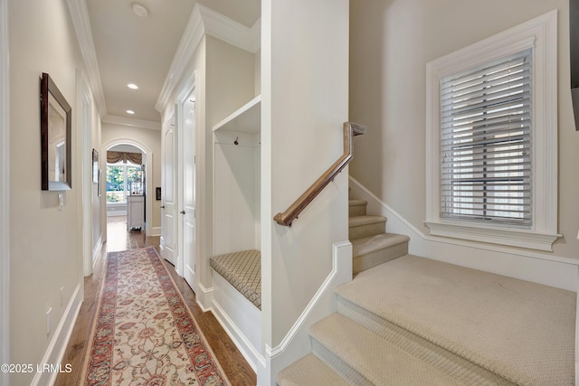 corridor with hardwood / wood-style floors and crown molding