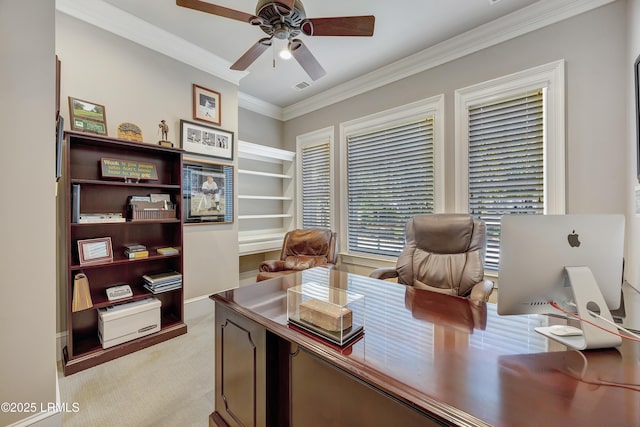 carpeted office space featuring crown molding and ceiling fan