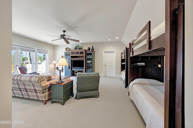 bedroom with access to outside, french doors, ceiling fan, and carpet flooring