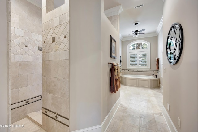 bathroom featuring ceiling fan, ornamental molding, shower with separate bathtub, and tile patterned flooring