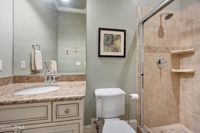 bathroom featuring vanity, ornamental molding, a shower with door, and toilet