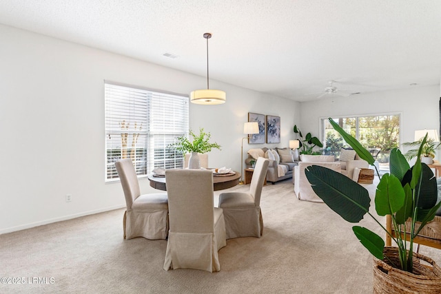 carpeted dining room featuring ceiling fan and a textured ceiling