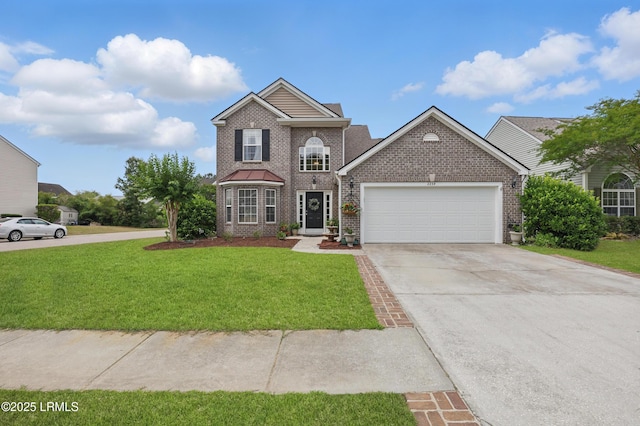 2239 Blakers Blvd, Bluffton, SC 29909 - traditional-style house with an attached garage, a front yard, brick siding, and driveway