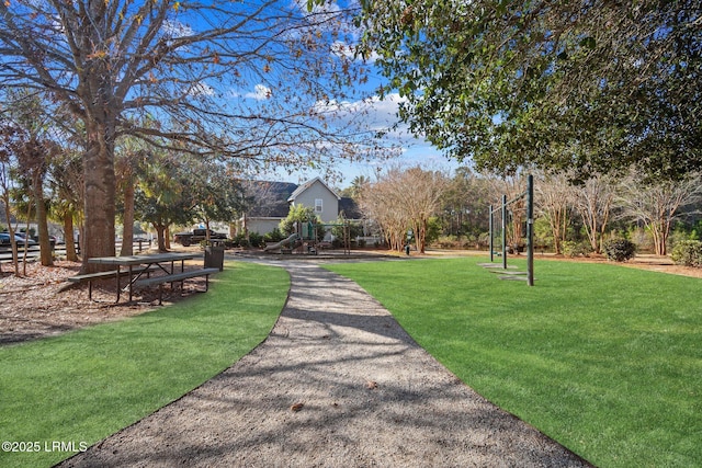 view of community with a lawn and a playground