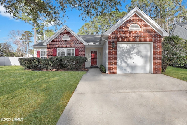 single story home with brick siding, a front yard, fence, a garage, and driveway