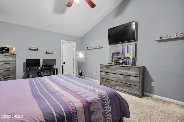 bedroom featuring ceiling fan, high vaulted ceiling, carpet flooring, and baseboards