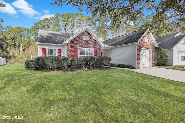 single story home featuring a front lawn, brick siding, driveway, and an attached garage