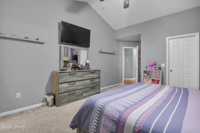 carpeted bedroom featuring high vaulted ceiling, baseboards, and a ceiling fan