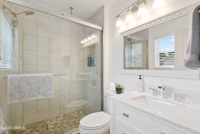 bathroom with vanity, toilet, and an enclosed shower