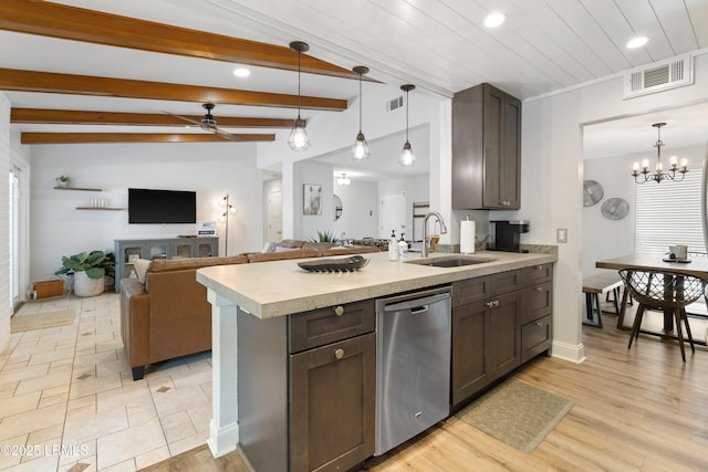 kitchen with sink, decorative light fixtures, dark brown cabinets, dishwasher, and ceiling fan with notable chandelier